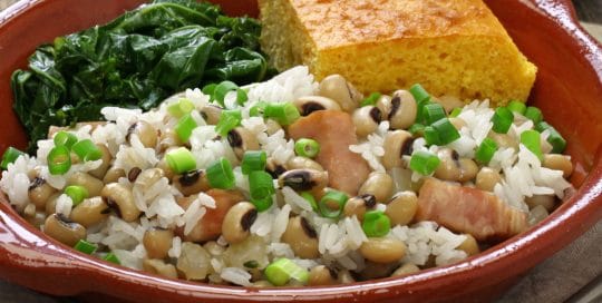 Hoppin John served with Collards and Cornbread