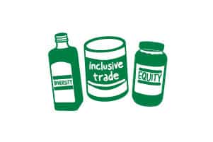 grocery bottles and cans with words "diversity, equity, inclusive trade" on them